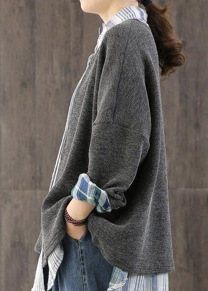 Comfy fall gray knitwear  plus size patchwork knitted pullover - SooLinen