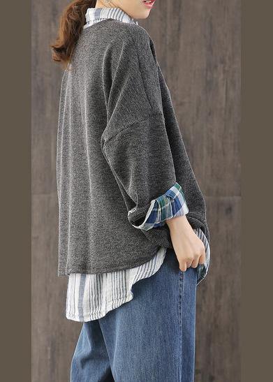 Comfy fall gray knitwear  plus size patchwork knitted pullover - SooLinen
