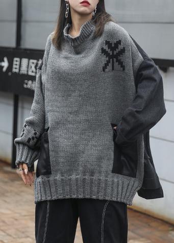 Comfy gray clothes o neck patchwork oversize fall knitwear - SooLinen