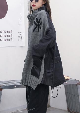 Comfy gray clothes o neck patchwork oversize fall knitwear - SooLinen