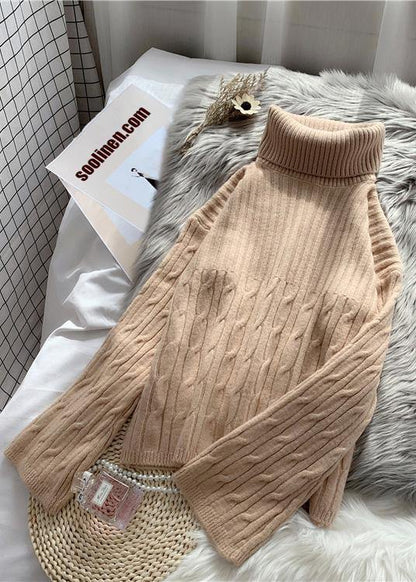 Comfy high neck Solid color knitted blouse Loose fitting thick knit blouse - SooLinen