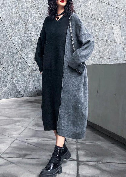 Comfy hooded patchwork  Sweater outfits Largo black sweater dresses - SooLinen