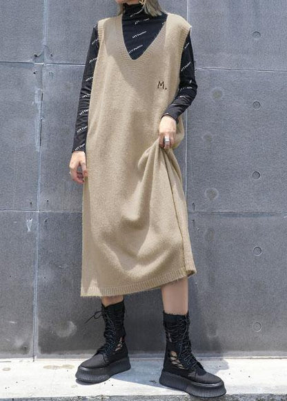 Comfy khaki Sweater knit top pattern Vintage sleeveless Big fall knit dress - SooLinen