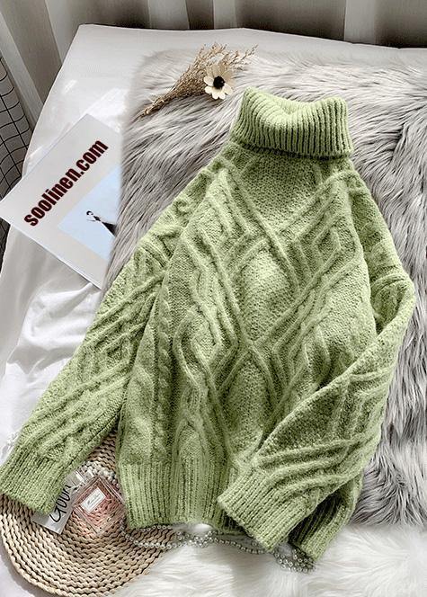 Comfy light green sweater tops chunky  plus size clothing high neck sweaters - SooLinen