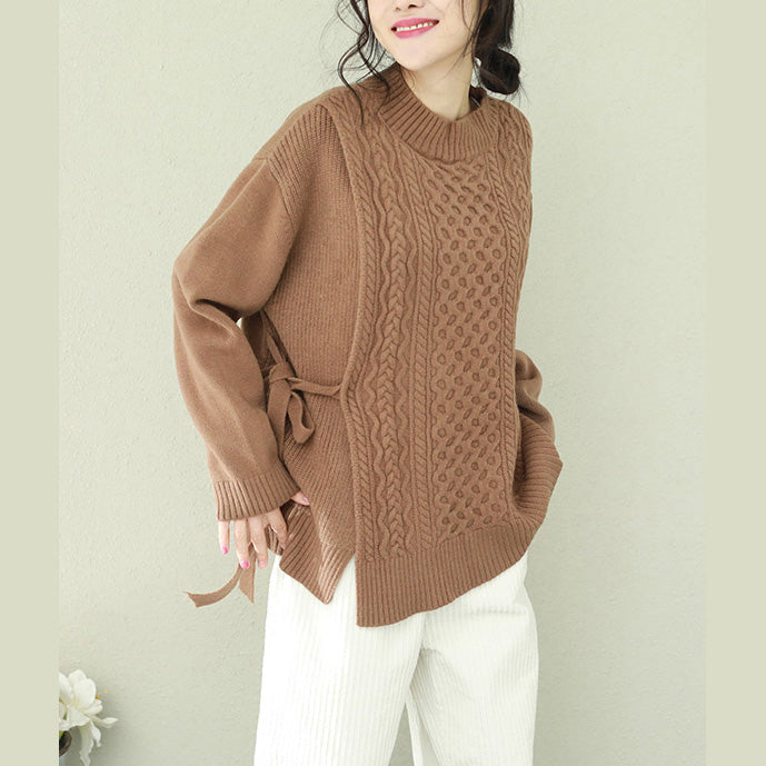 Bequeme Rundhals-Pullover mit Schleife, Übergröße, braun, große Strickwaren