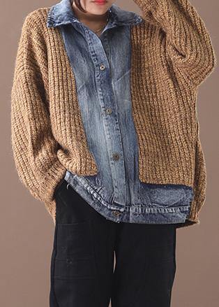 Comfy patchwork khaki knit tops oversize lapel collar knit blouse - SooLinen