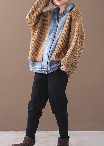 Comfy patchwork khaki knit tops oversize lapel collar knit blouse - SooLinen