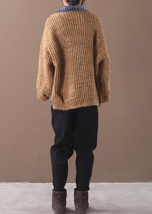 Comfy patchwork khaki knit tops oversize lapel collar knit blouse - SooLinen