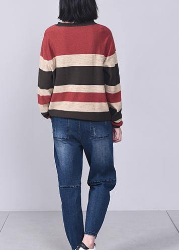 Comfy patchwork knit t shirt plus size autumn sweater red - SooLinen