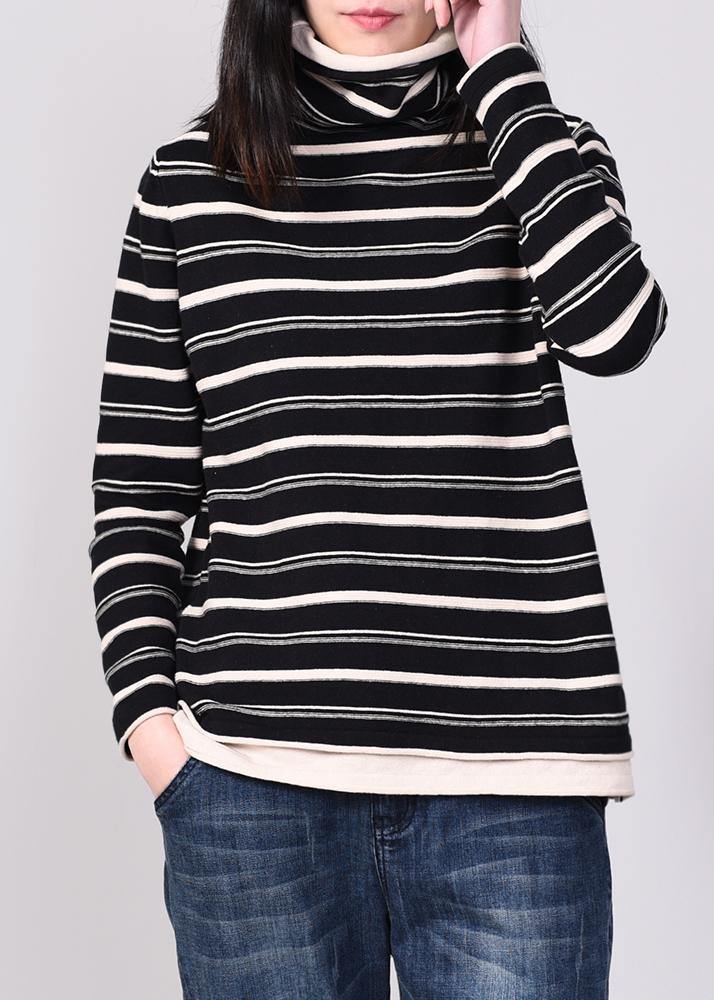 Comfy striped knitted tops oversize high neck sweater black autumn - SooLinen