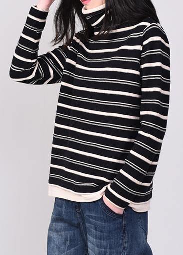Comfy striped knitted tops oversize high neck sweater black autumn - SooLinen