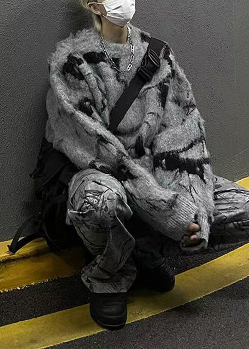 Cool Grey O Neck Original Design Mink Hair Knitted Men Sweater Winter