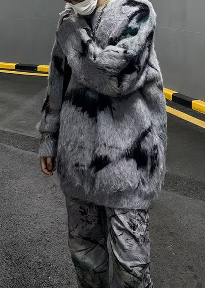 Cool Grey O Neck Original Design Mink Hair Knitted Men Sweater Winter
