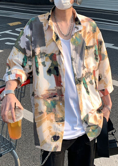 Cool Khaki Oversized Print Cotton Tour Shirts Mens Fall