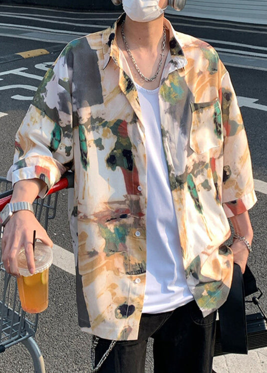 Cool Khaki Oversized Print Cotton Tour Shirts Mens Fall