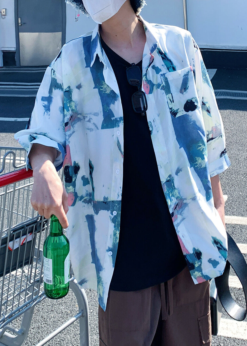 Cool Khaki Oversized Print Cotton Tour Shirts Mens Fall