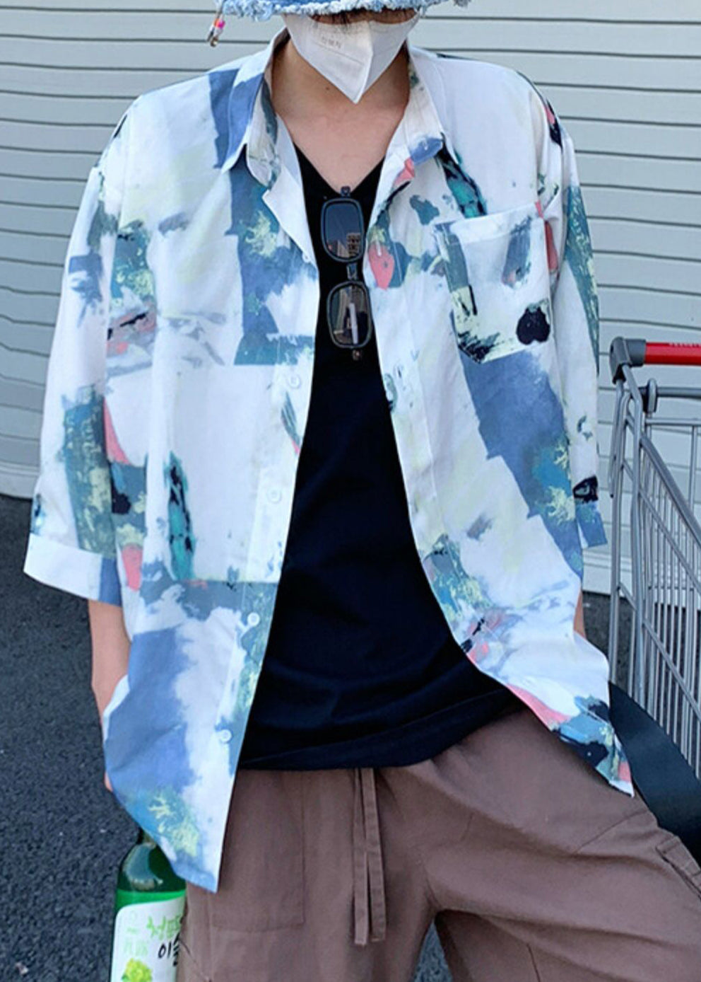 Cool Khaki Oversized Print Cotton Tour Shirts Mens Fall