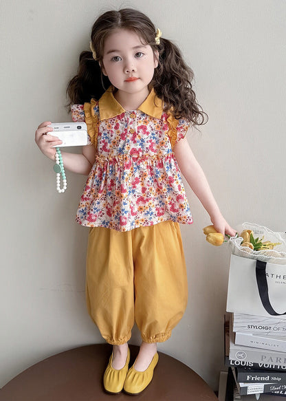 Cool Rose Ruffled Print Cotton Baby Girls Two Pieces Set Summer
