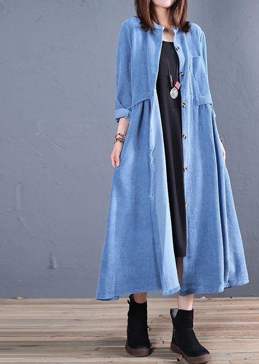 Corduroy blended light blue o neck pockets coat for woman - SooLinen