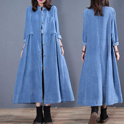 Corduroy blended light blue o neck pockets coat for woman - SooLinen