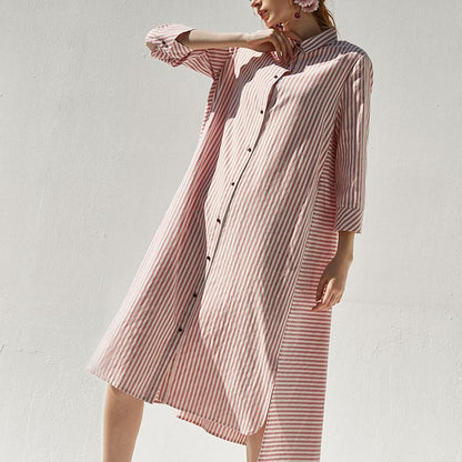 Baumwollmischkleidung Plus Size Polokragen Rosa Lässiges Hemdkleid in Übergröße