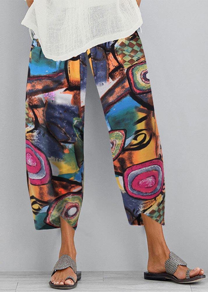 Cotton hemp printed elastic large size Capris - SooLinen