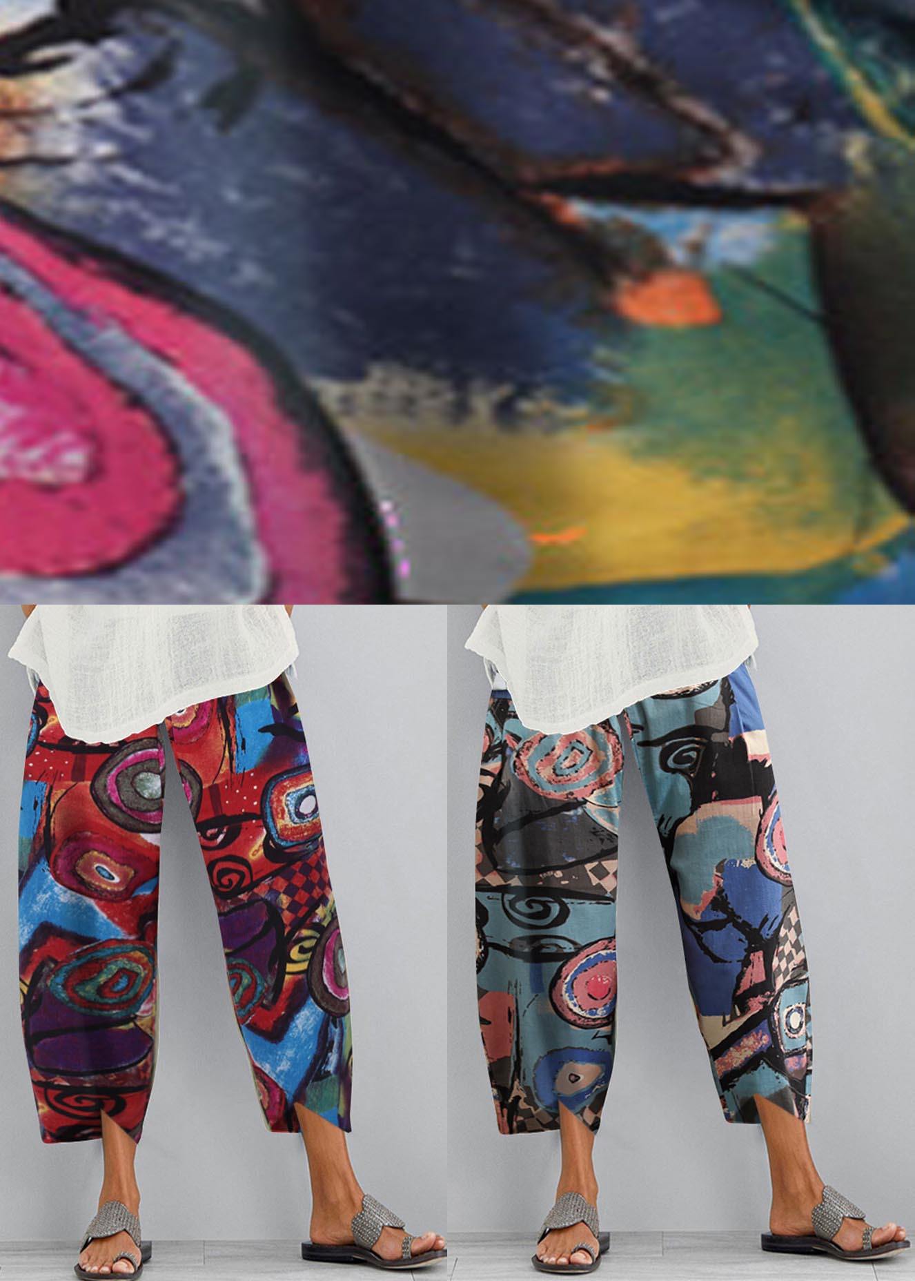 Cotton hemp printed elastic large size Capris - SooLinen