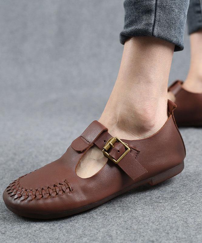 Cowhide Beige Leather Flat Shoes For Women Buckle Strap Hollow Out Flat Shoes - SooLinen
