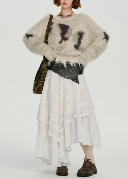 Gemütliche beige Oversized Warme Flauschige Strickoberteile aus Fell für den Winter