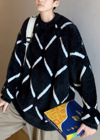 Cozy Black Plaid Thick Ma Hai Mao Mens Knit Sweater Spring