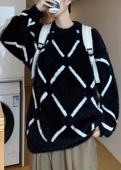 Cozy Black Plaid Thick Ma Hai Mao Mens Knit Sweater Spring