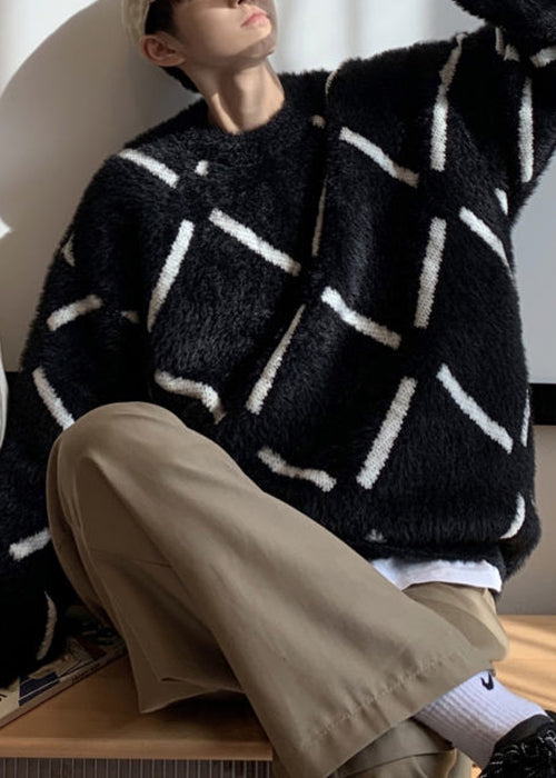 Cozy Black Plaid Thick Ma Hai Mao Mens Knit Sweater Spring