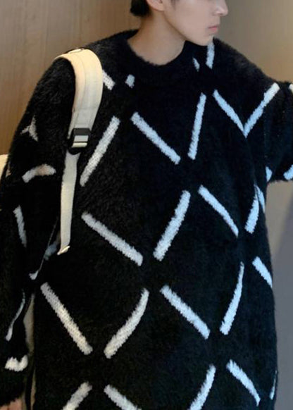 Cozy Black Plaid Thick Ma Hai Mao Mens Knit Sweater Spring