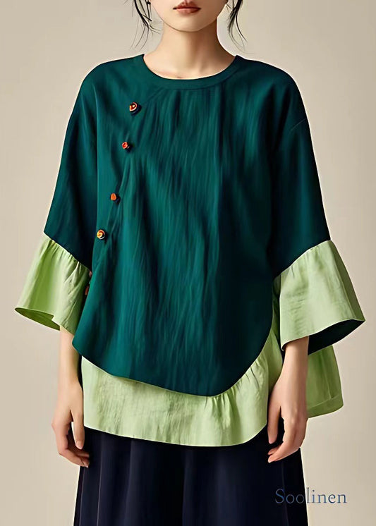 Gemütliche grüne O-Ausschnitt Knopf Patchwork Leinen Tops Herbst