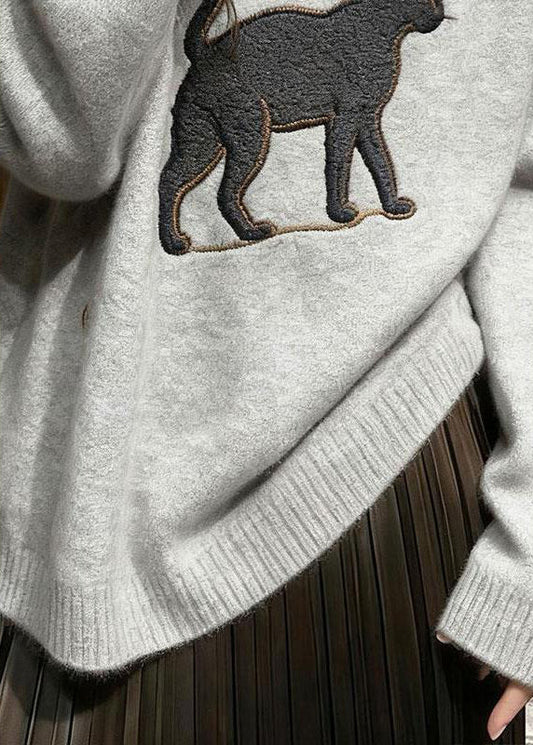 Cozy Grey Embroidered Cat Knit Pullover Winter