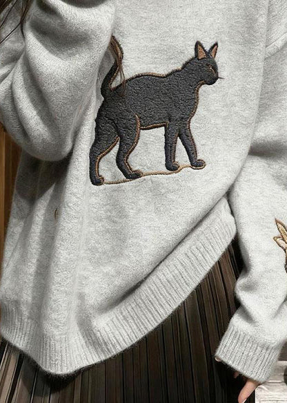 Cozy Grey Embroidered Cat Knit Pullover Winter