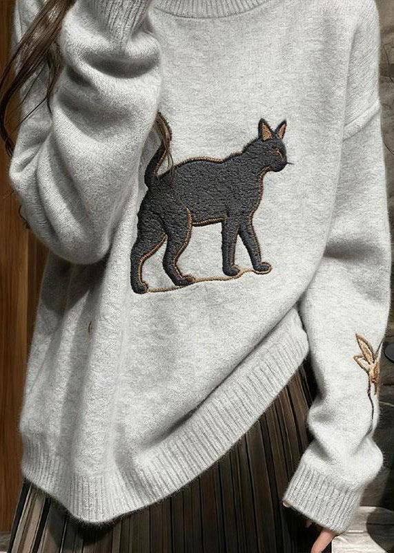 Cozy Grey Embroidered Cat Knit Pullover Winter