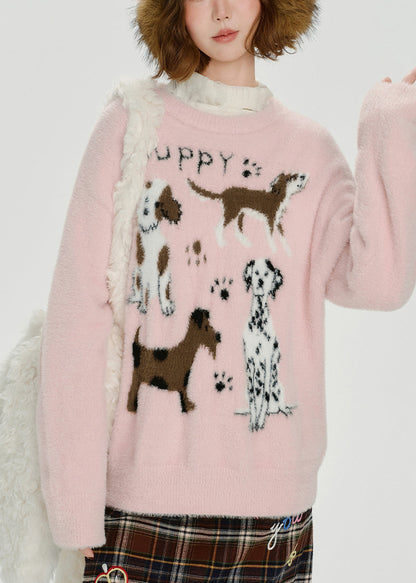Tops de punto jacquard con adorables cachorros rosas para invierno
