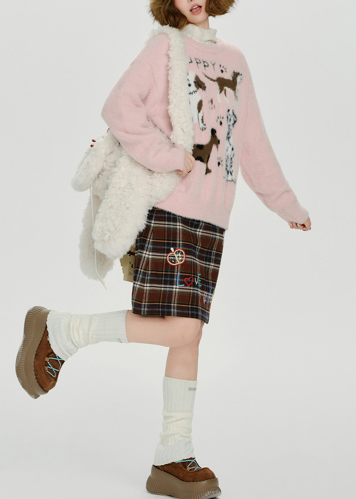 Tops de punto jacquard con adorables cachorros rosas para invierno