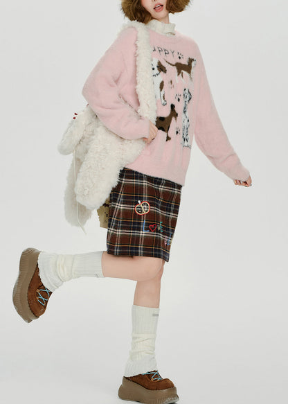 Tops de punto jacquard con adorables cachorros rosas para invierno