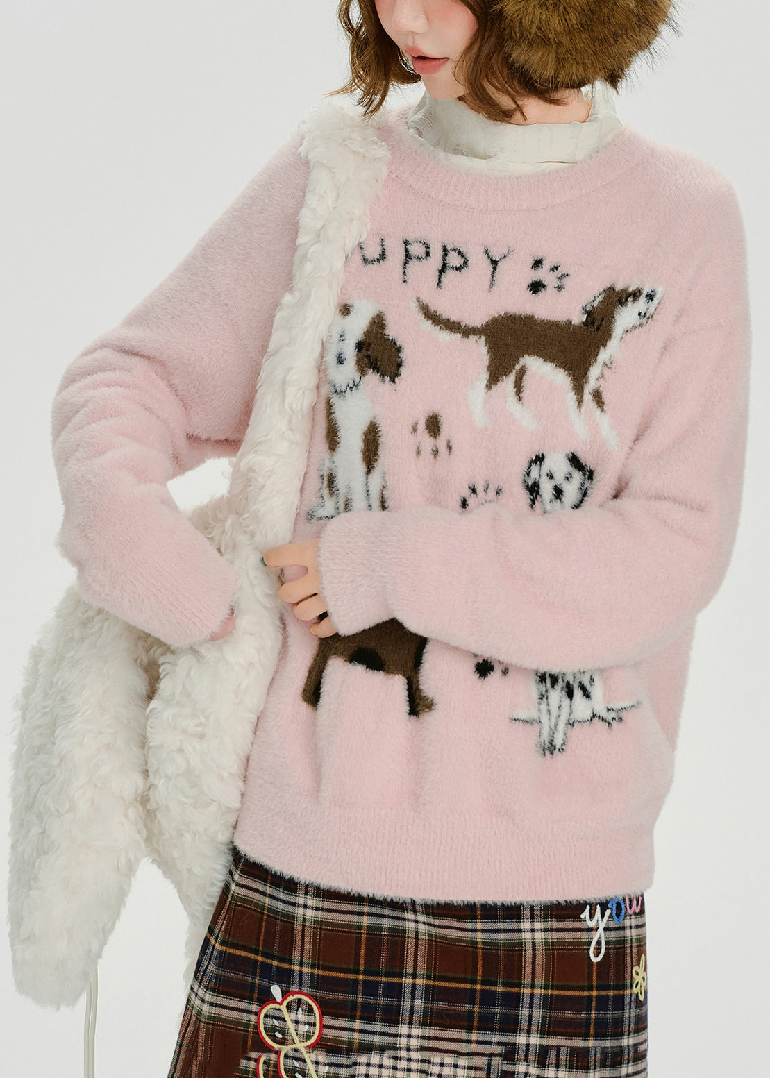 Tops de punto jacquard con adorables cachorros rosas para invierno