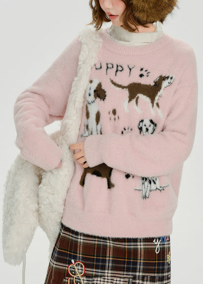 Tops de punto jacquard con adorables cachorros rosas para invierno