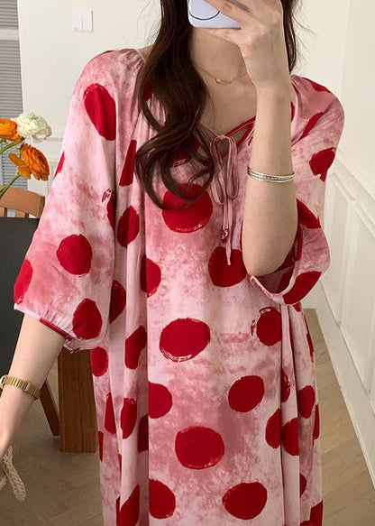 Gemütliche rosa Pyjama-Kleider aus Baumwolle mit Schnürung und halben Ärmeln