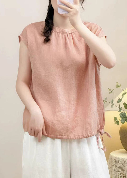 Cozy Pink O Neck Solid Linen Shirt Summer