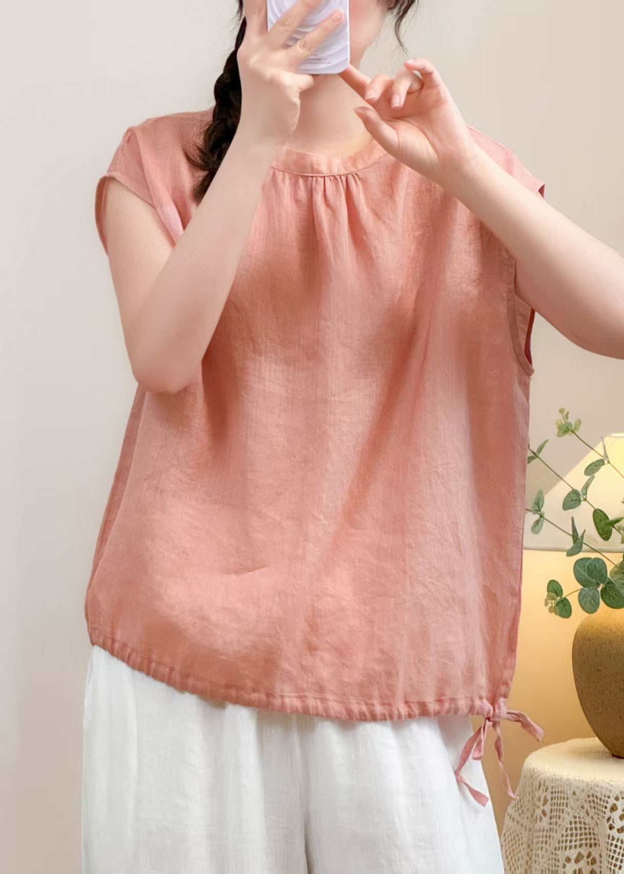 Cozy Pink O Neck Solid Linen Shirt Summer