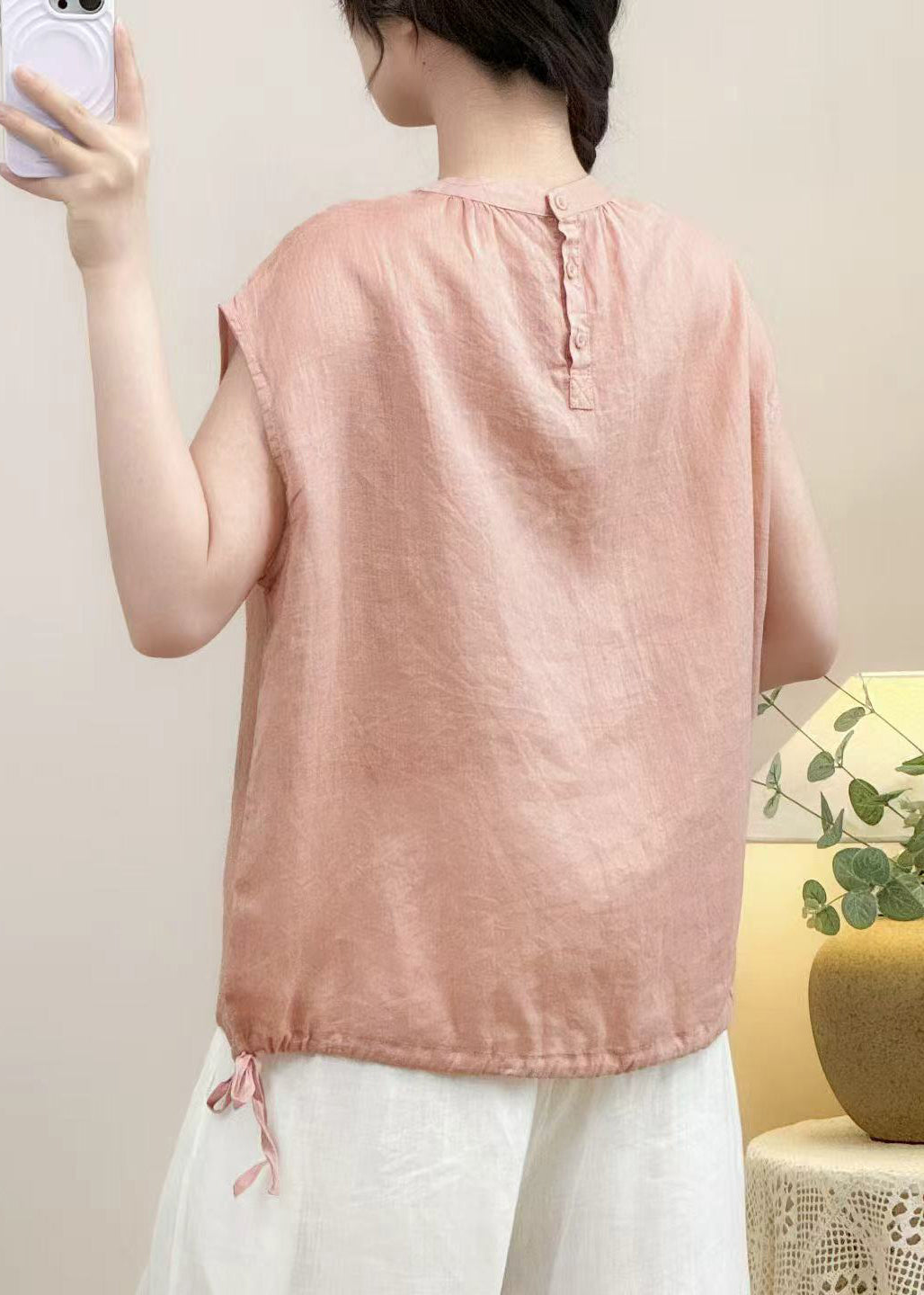 Cozy Pink O Neck Solid Linen Shirt Summer