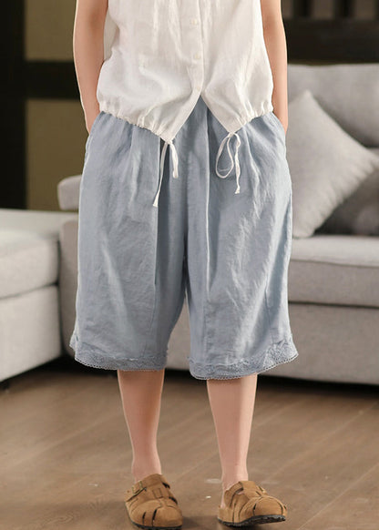 Cozy Pink Pockets Lace Elastic Waist Linen Shorts Summer