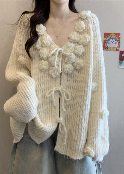 Cozy White Floral Decorated Lace Up Knit Cardigan Fall