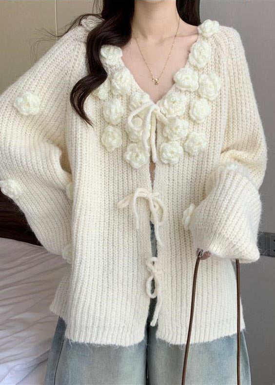 Cozy White Floral Decorated Lace Up Knit Cardigan Fall