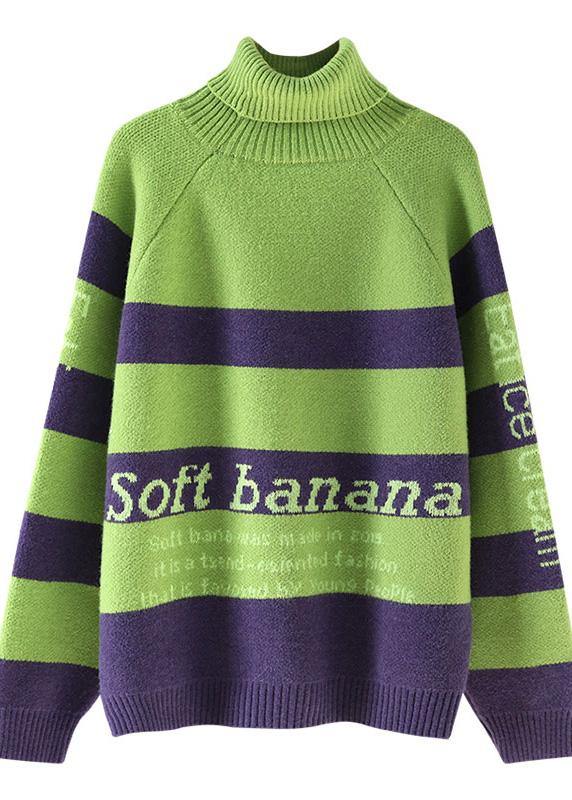 Cozy alphabet green knitwear Loose fitting high neck knitted t shirt - SooLinen